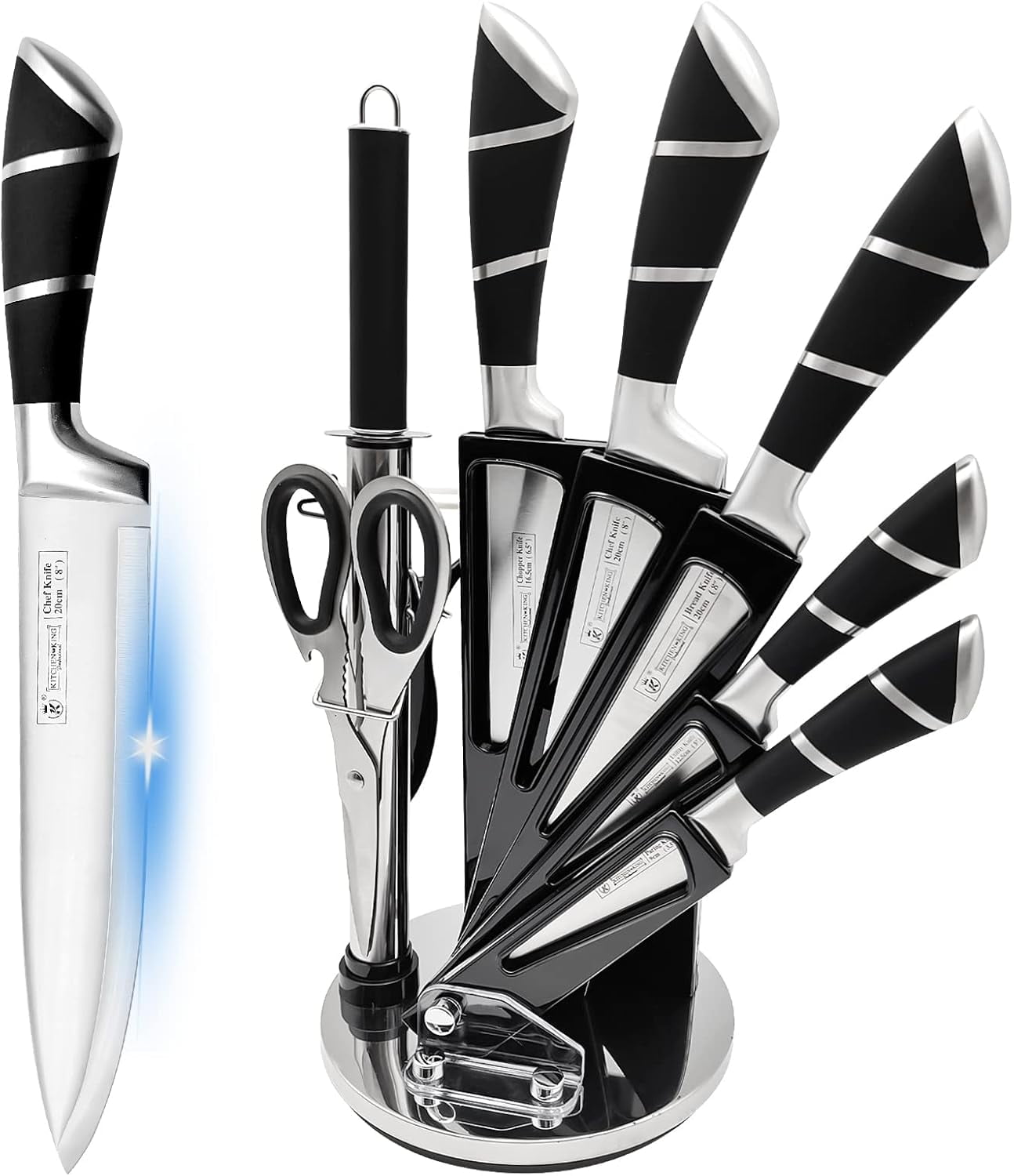 DFS 9-Piece Black Kitchen Knife Set with Block & Sharpener – High-Carbon Stainless Steel Non-Stick Coated Chef Knives for Precision Cutting, Slicing, Dicing - Black