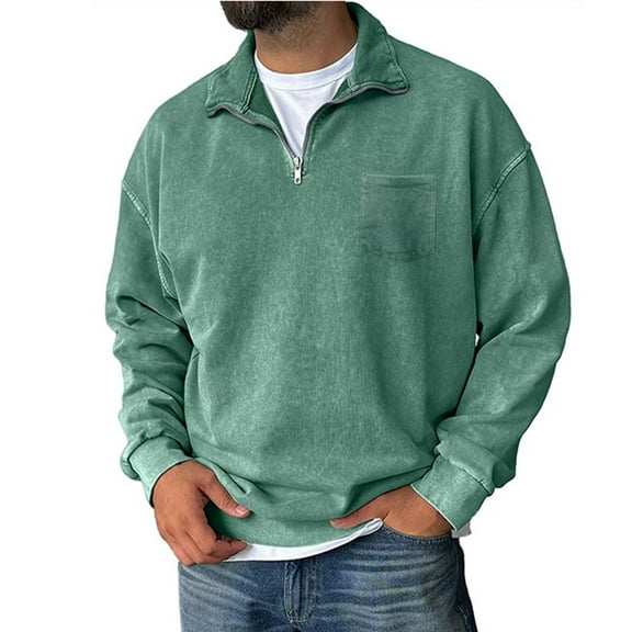 Fall Sweatshirt for Men Quarter Zip Pullover Gym 3/4 Zip Pullover Long Sleeve Cold Weather Polo Sweaters Mint Green 2XL