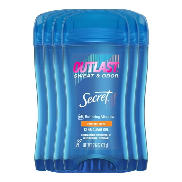 Secret Outlast Antiperspirant Deodorant for Women, 72hr Sweat & Odor Protection, Ph Balancing Minerals, Clear Gel, Hygienic Fresh Scent, 2.6 oz (Pack of 6)