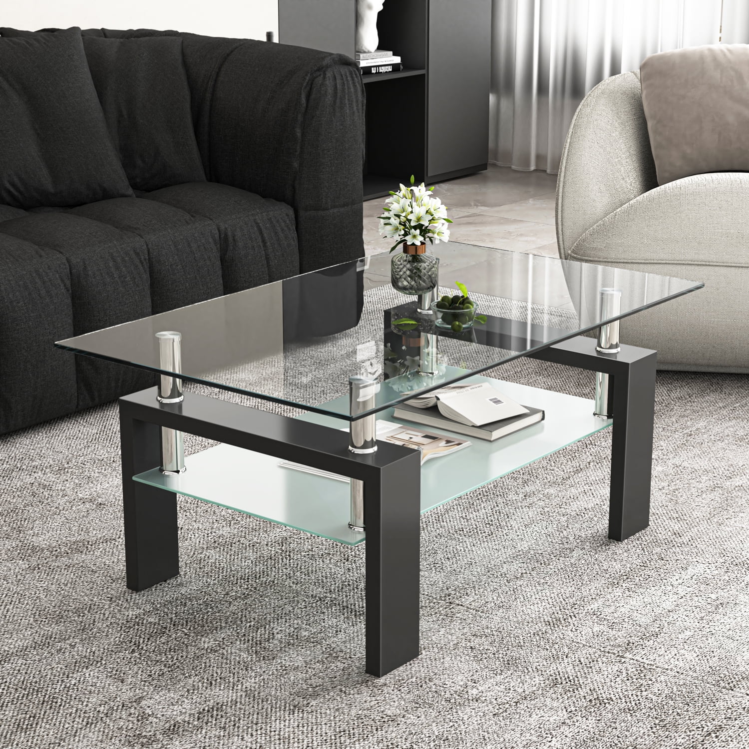 Yardi Yard Modern Tempered Glass Top Coffee Table with Storage Shelf, Clear Rectangle Center Table Sofa Table with Wood Legs for Living Room Home Furniture Yardi Yard Modern Tempered Glass Top Coffee Table with Storage Shelf, Clear Rectangle Center Table Sofa Table with Wood Legs for Living Room Home Furniture