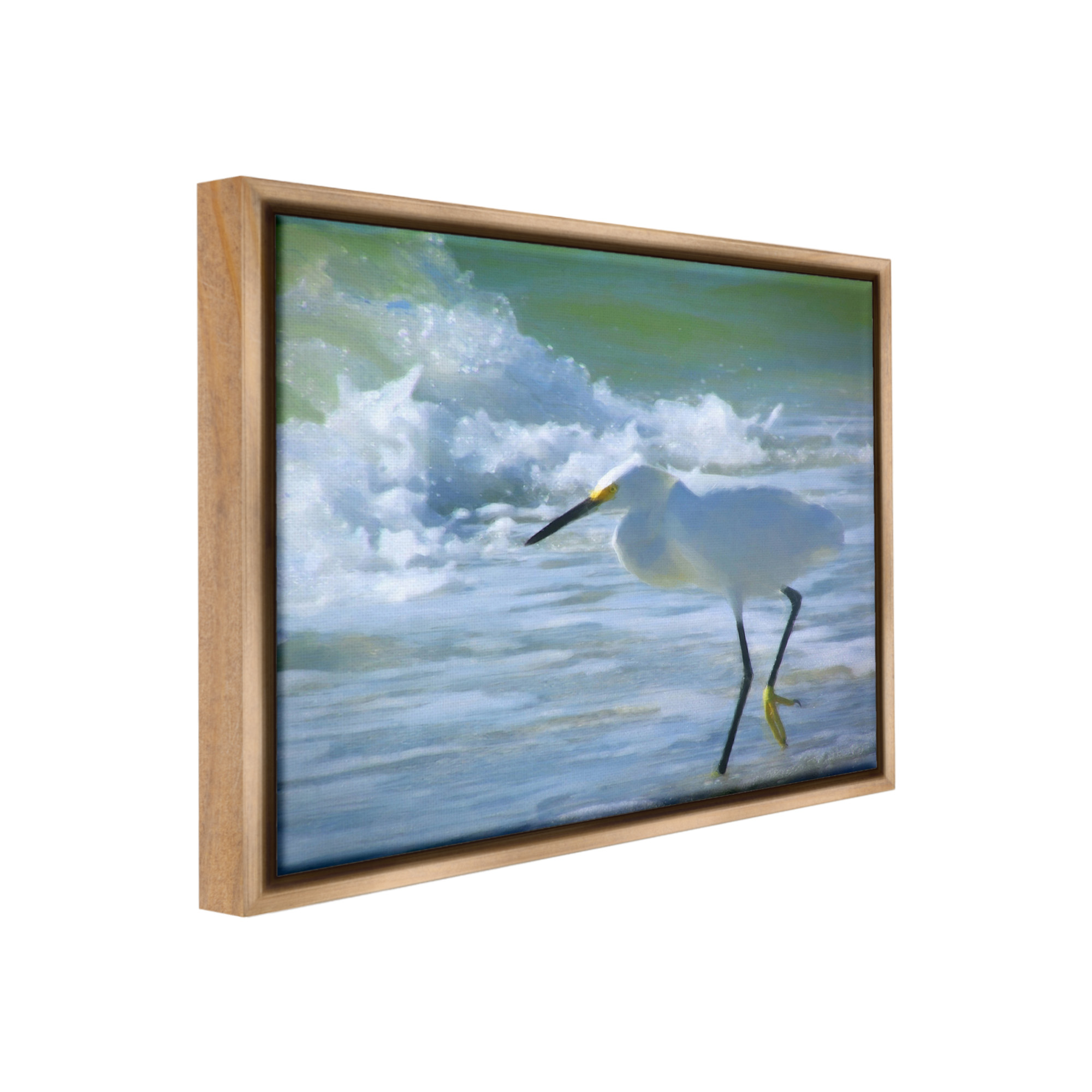 Stupell Industries Egret in Splashing Waves Landscape Painting Brown Floater Framed Canvas Art Print Wall Art, 21 x 17