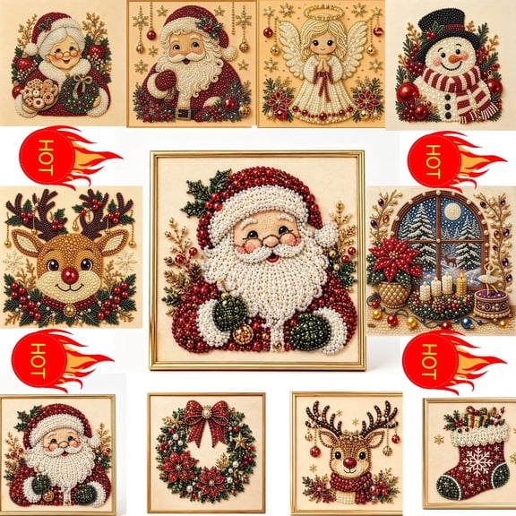 DIY Christmas Pearl Diamond Painting Art Kit with Frame, Christmas Pearl Beads Art Craft for Adults & Beginners, Gemstone Diamond Dots Beads Painting for Home Wall Decor
