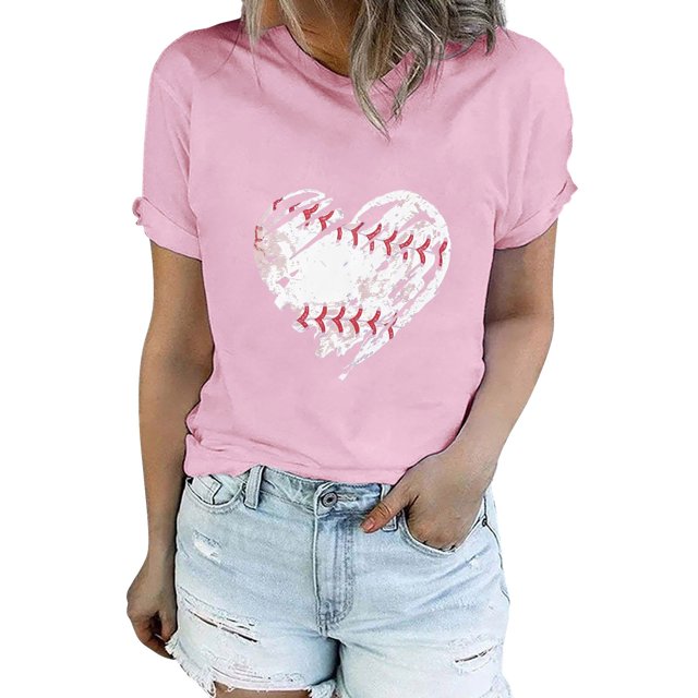 T-Shirt à Manches Courtes pour Femmes Liquidation T-Shirt en Chiffon pour Femmes T-Shirt de Baseball pour Femmes Amour Classique Col Rond Décontracté T-Shirt de Baseball à Manches Courtes