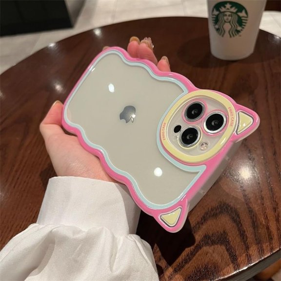 Cute Curly Wave Frame Case with 3D Cat Ears Clear Case for iPhone 14 Pro Max 6.7 inch, Pretty Shockproof TPU Bumper Case for Girl Women Non-Yellowing Case Clear Slim Cover - Pink Green