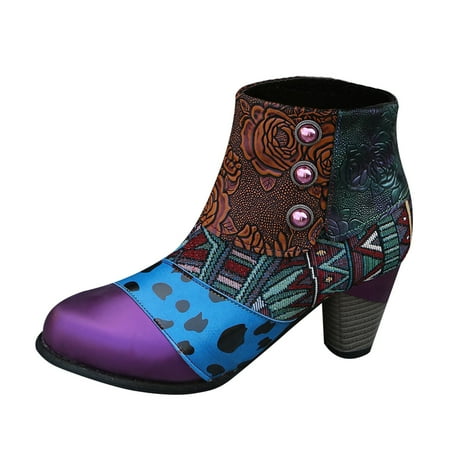 

Qufokar Womens Flip Flops With Arch Support Womens Boots Leather Lace Up Women Ankle Boots Autumn And Winter Pointed Toe High Heeled Thick Heeled British Style Color Block Ethnic