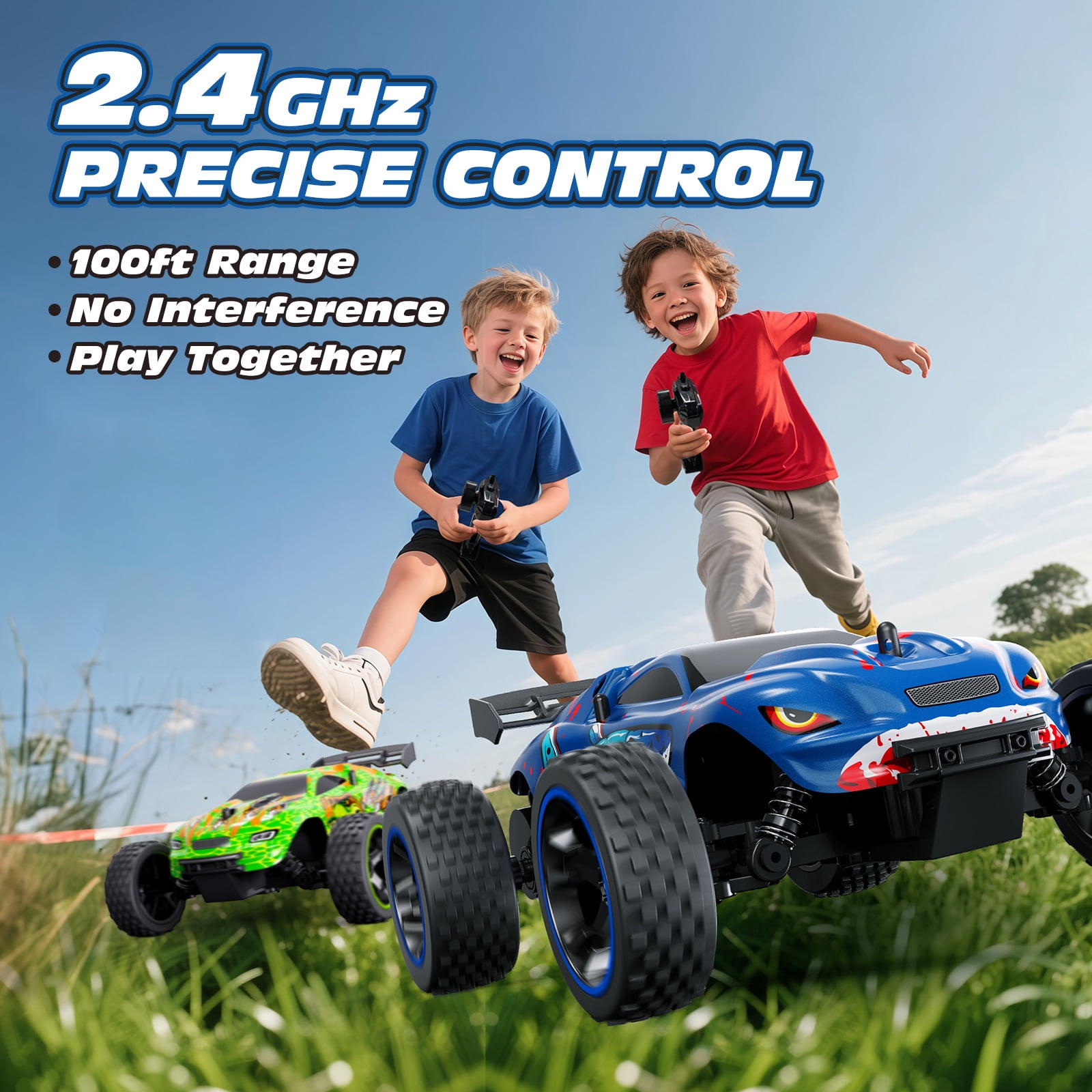 Tecnock RC Cars for Kids, 1:18 Scale 2WD Off-road Remote Control Car with USB-C Easy Charging, 2.4GHz RC Trucks with LED Lights & 50 Mins Playtime