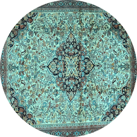 Ahgly Company Indoor Round Medallion Light Blue Traditional Area Rugs, 4' Round