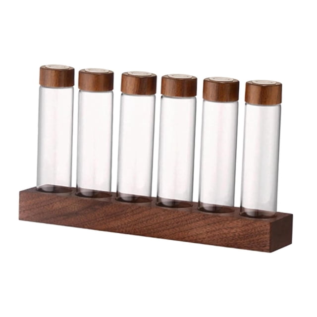 Contenedores de café con estante Tubos de almacenamiento de granos de café con tapas herméticas de madera 6 hoyos 17g