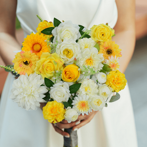24pcs Yellow & White Artificial Flowers Set (Roses,Dahlias,Gerberas) for Home Decor,Wedding Bouquets,Holiday,Birthday Party Centerpieces,DIY Fake Floral Arrangements with Rustic Box