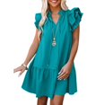 thumbnail image 1 of Vestido de túnica informal de color puro con cordón y cuello en V con manga casquillo y volantes de verano para mujer, 1 of 2