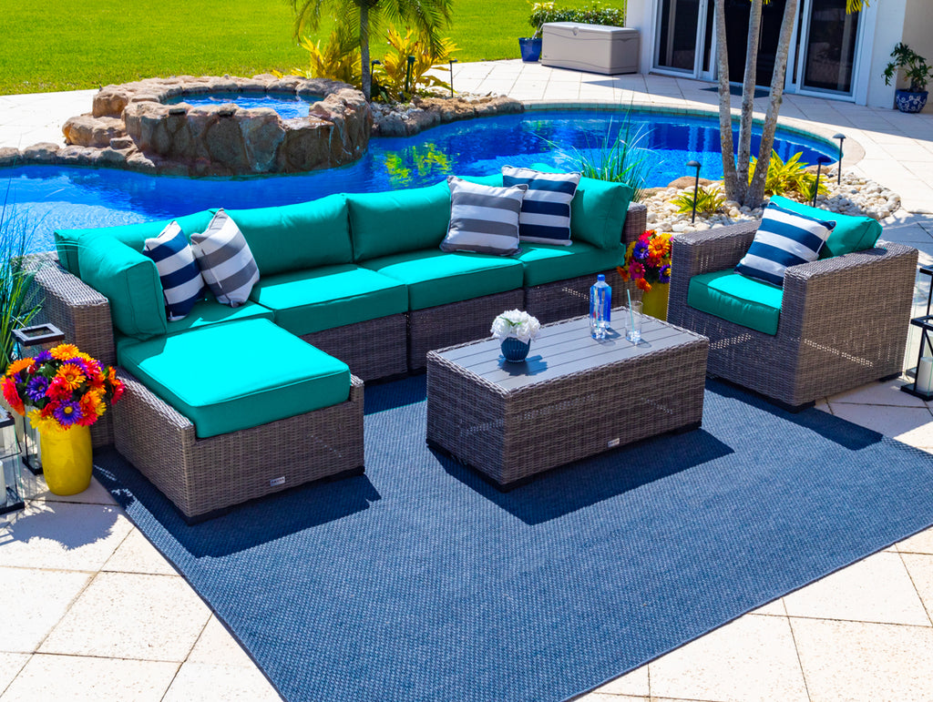 Tuscany 7-Piece Resin Wicker Outdoor Patio Furniture Sectional Sofa Set with Four Modular Sectional Pieces, Armchair, Ottoman, Coffee Table (Half-Round Gray Wicker, Sunbrella Canvas Aruba) - image 1 of 4