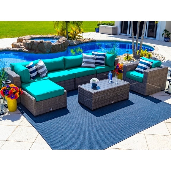 Tuscany 7-Piece Resin Wicker Outdoor Patio Furniture Sectional Sofa Set with Four Modular Sectional Pieces, Armchair, Ottoman, Coffee Table (Half-Round Gray Wicker, Sunbrella Canvas Aruba)