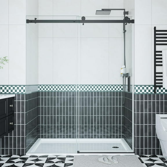 56-60" W × 76" H Shower Door, Frameless Sliding Shower Door,Waterproof Glass Shower Door with Stainless Steel Handle and Seal Strip, 5/16" (8mm) Easy-Clean Tempered Glass，Matte Black