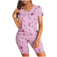 thumbnail image 1 of WILLBEST Womens Jeans Women's Gradient Print Short Sleeve V Neck Two Piece Outfits Shorts Set Polyester Work Pants, 1 of 3