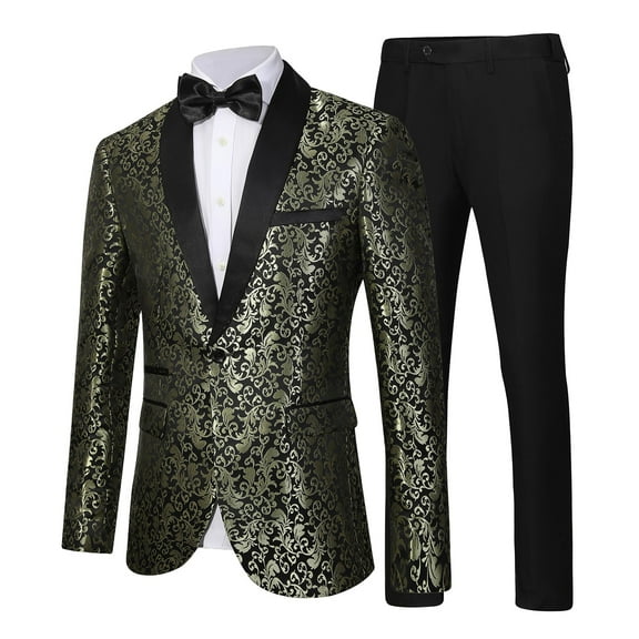 Slim-Fit Men's Paisley 2-Piece Suit Set - Tailored Jacket, Black Straight-Leg Trousers & Matching Black Bow Tie for Formal Occasions Evenings Weddings