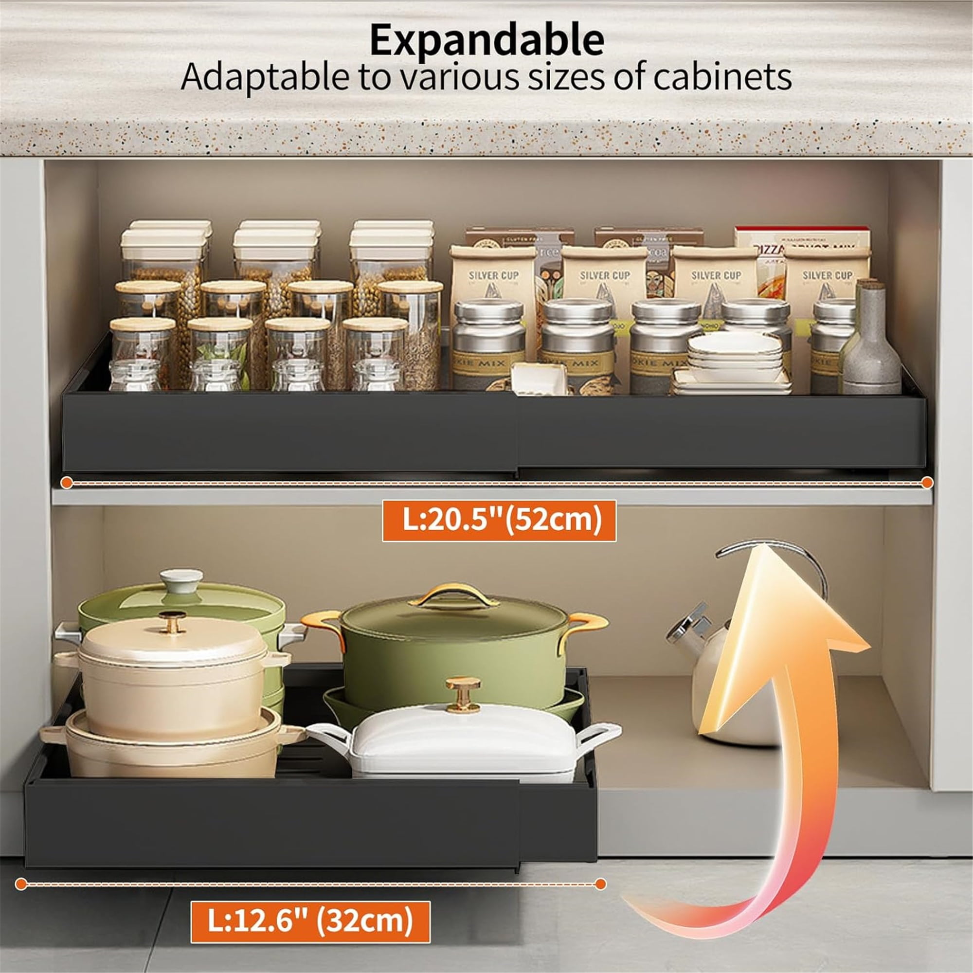 Pull out Cabinet Organizer, Expandable(12.6"-20.5") Pull Out Drawers for Cabinets with Adhesive Nano Film for Pots, Roll out Shelf Storage for Kitchen Base Cabinet Organization,Black