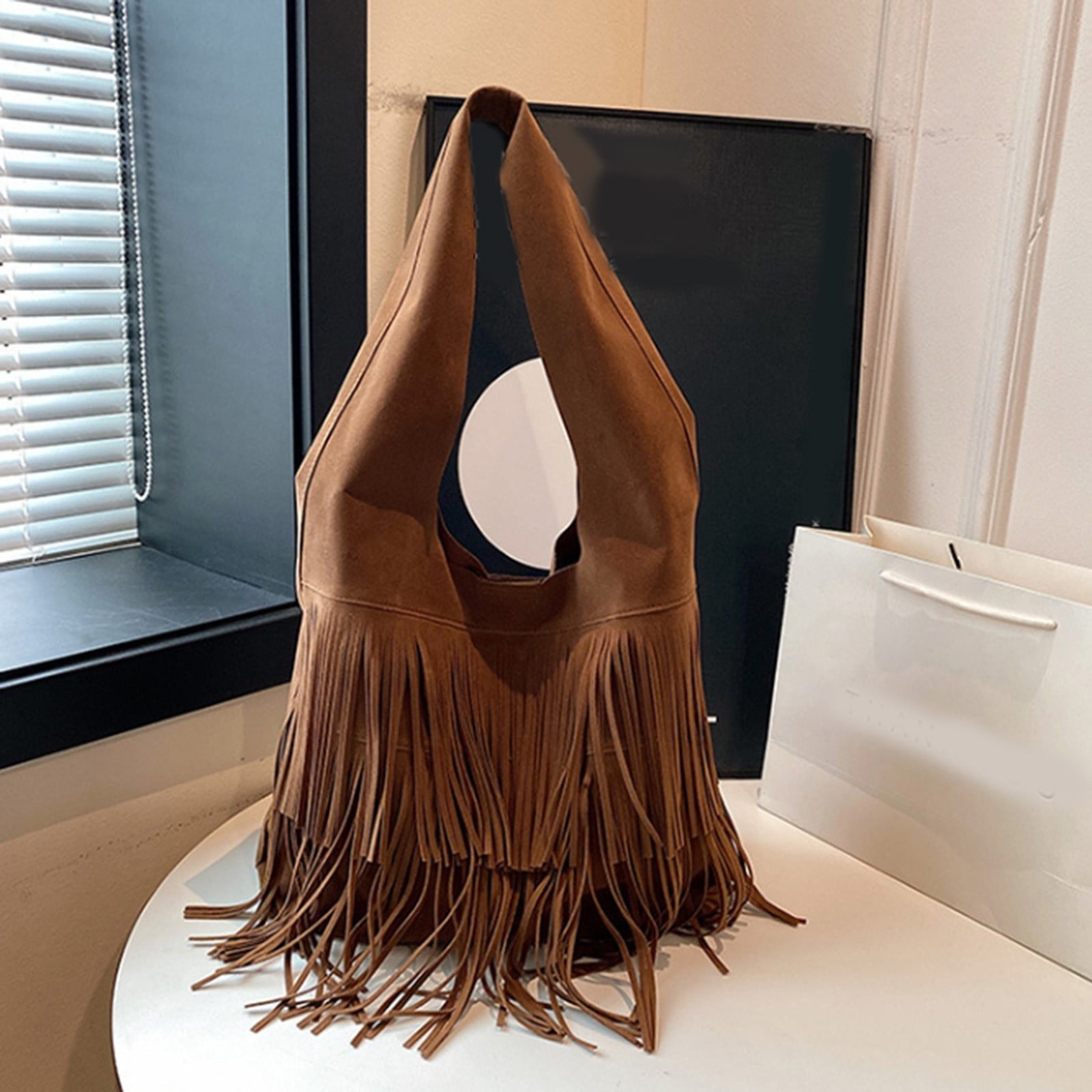 Womens Suede Shoulder Bags Vintage Fringe Handbag Lightweight Tassel Western Purse Large Capacity Tote Bag