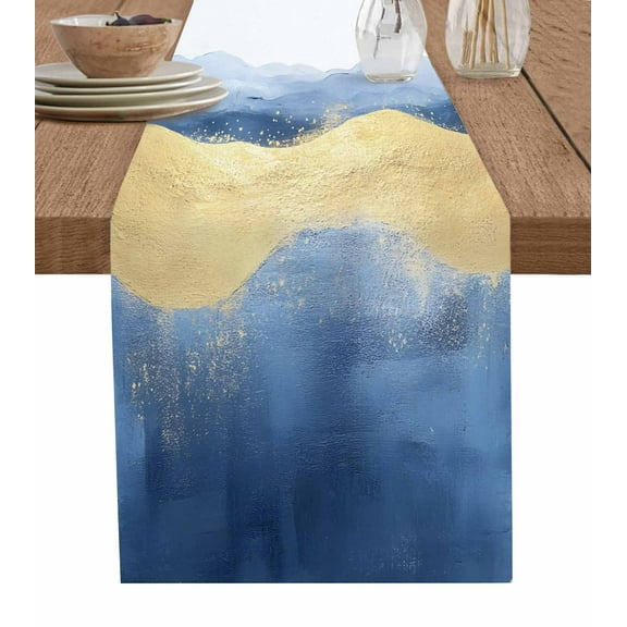 Abstract Waves Table Runner-Cotton Linen- 90 Inch Holiday Dresser Scarves, Blue Mountain Gradient Geometric Tablerunner for Kitchen Coffee/Dining Bedroom Home Living Room Dinner Scarf Décor 13x90