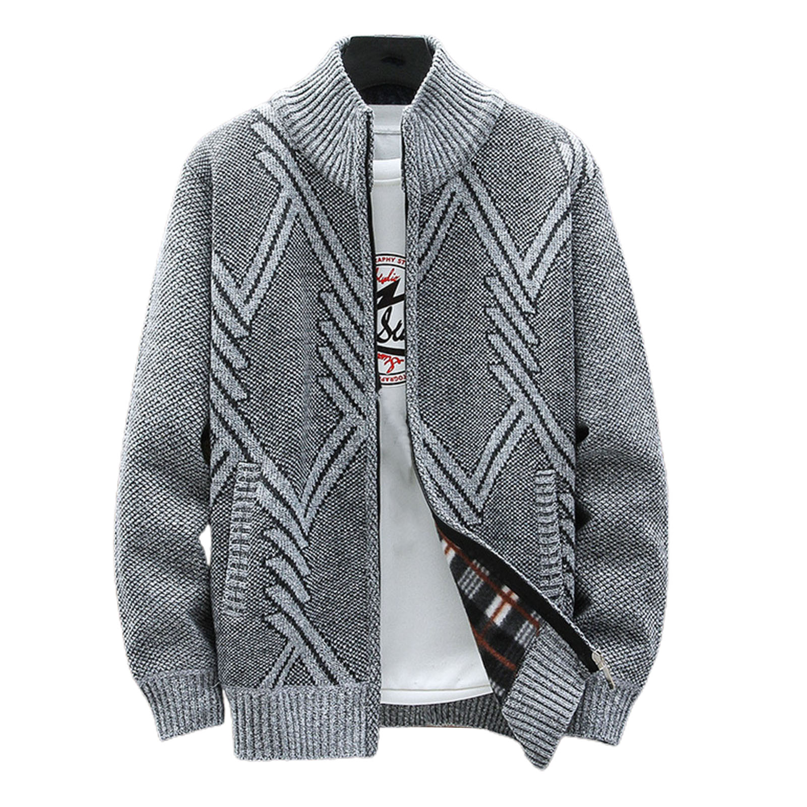 Fanshao Knitted Long Sleeve Men Cardigan Autumn Winter Geometric Pattern Stand Collar Sweater Coat Outerwear, Men's, Size: XL, Gray