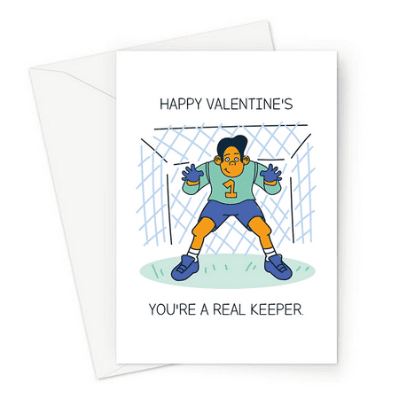 Happy Valentine's Day Card for Soccer Lovers – "You're a Real Keeper" Design – Envelope Included, Blank Inside – Perfect for Kids, Friends, and Partners