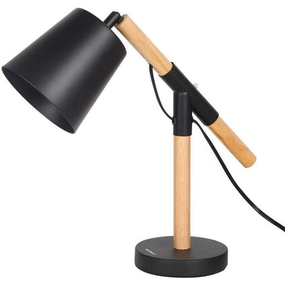 Industrial Table Lamp - Wooden Desk Lamp with Black Metal Lamp Shade, Adjustable Head Office Lamps for Bedroom, Bedside Table, Reading, Work