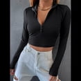 thumbnail image 4 of Tops Cortos de Larga para Mujer, Cuello Alto, de Cremallera, Ajustados, A . Negro L, 4 of 8