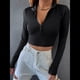 thumbnail image 4 of Tops Cortos de Larga para Mujer, Cuello Alto, de Cremallera, Ajustados, A . Negro XL, 4 of 8
