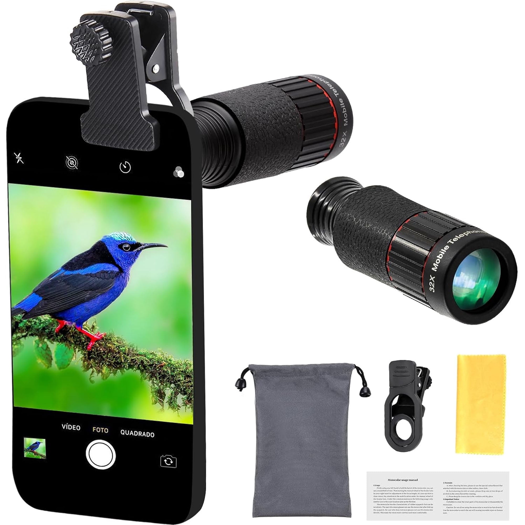 32X Long Focus Telephoto Phone Lens for iPhone and Android, Zoom Cellphone Camera Lens with Phone Clip for Picture Video Taking(1 PC)
