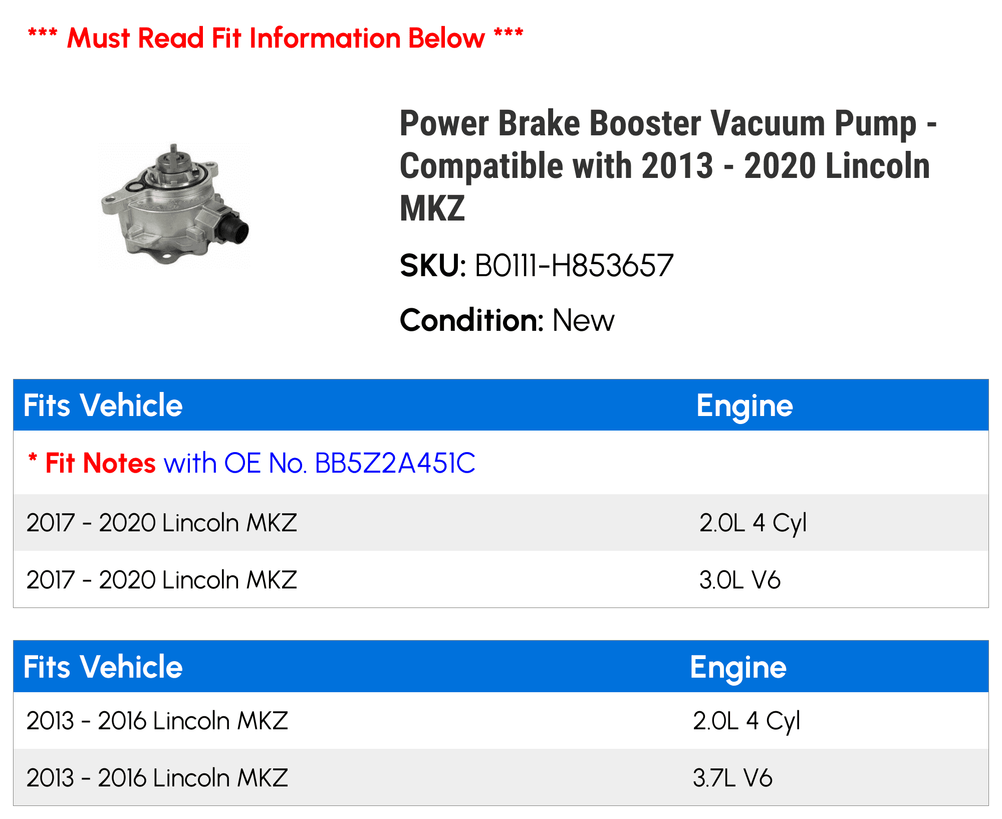 Power Brake Booster Vacuum Pump - Compatible with 2013 - 2020 Lincoln MKZ 2014 2015 2016 2017 2018 2019