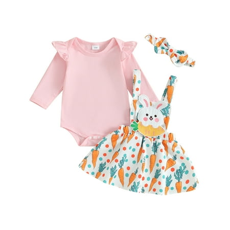

Mevireiy My First Easter Outfit Bunny Print Romper Tops Suspender Skirt Overall Dresses Pink 0-3 Months