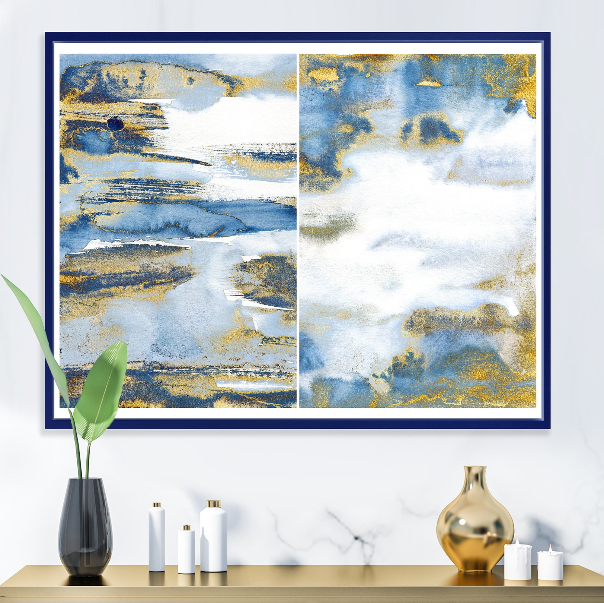 Designart 'Gold and Dark Blue Abstract Waves III' Modern Framed Canvas Wall Art Print