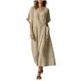 thumbnail image 3 of Horkkom Linen Dress Women Solid Color Crew Neck Short Sleeve Maxi Dresses Casual Flowy T Shirt Dress, S-2XL, 3 of 10