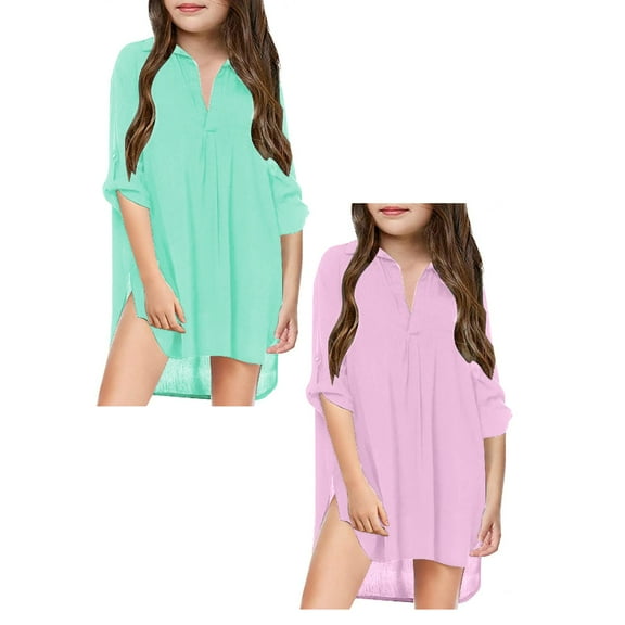 LUOGENLI 2 Pack Little Girl's Kids Swimsuit Beach Cover up for Girl Chiffon Shirt Bikini Beachwear Bathing Suit Beach Dress Swim Coverup Summer Fourth of July Dresses for Girls 10-12 M