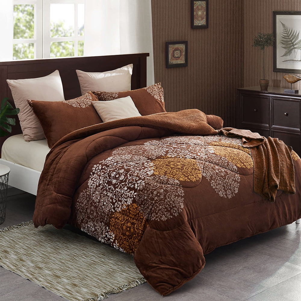 Heavy Sherpa Fleece Bed Blanket and Pillowcase Set, Queen Coffee