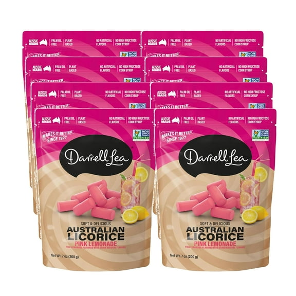 Darrell Lea Soft Australian Licorice, Non-GMO, No Palm Oil, Plant Based, No High Fructose Corn Syrup, Soft & Chewy Licorice Candy, Made in Australia, Pink Lemonade (7 Ounce (Pack of 8))