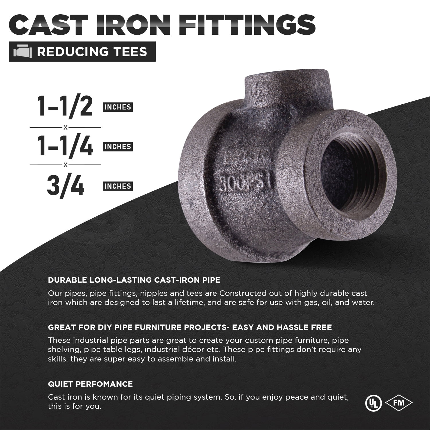 Supply Giant 1-1/2" x 1-1/4" x 3/4" BLack Pipe Fitting Reducing Tee Cast Iron