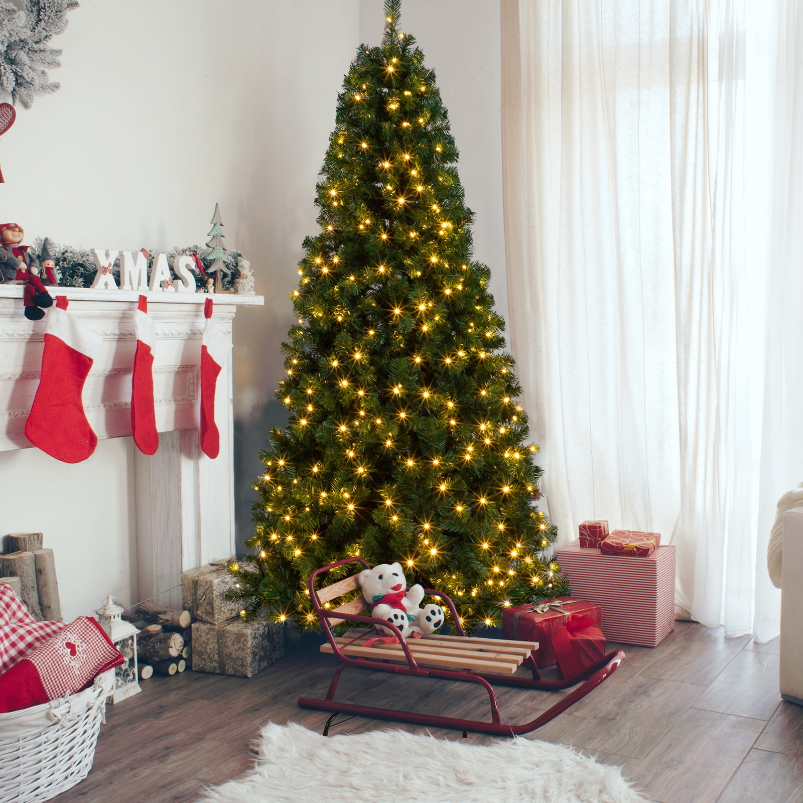 Astoutdoor 7 ft Half Christmas Tree with 230 LED Lights, 881 Branch Tips, Green PVC, Iron Bracket