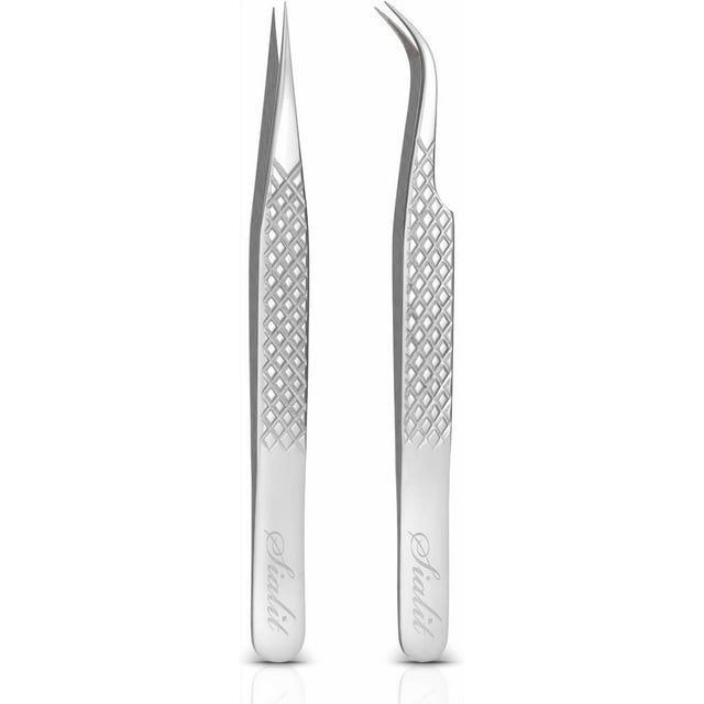 SIALIT Eyelash Tweezers-Eyelash Extensions,Straight and Fiber TIP Curved Tweezers, Set of 2 Pcs, Silver Stainless Steel Tweezers