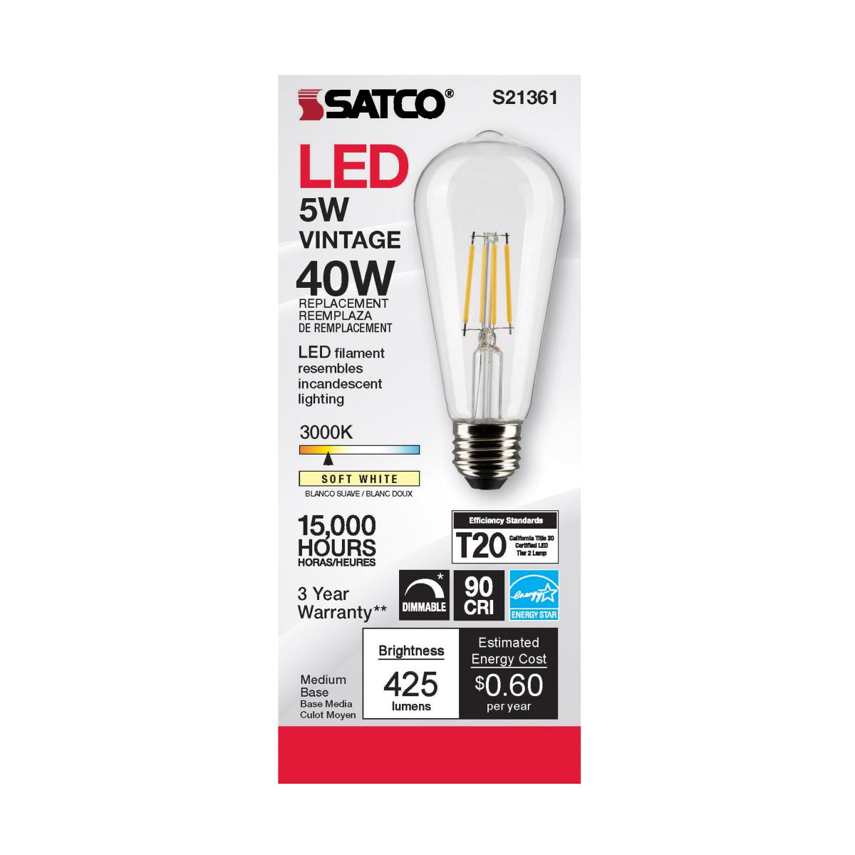 Satco S21361 ST19  LED Light Bulbs 5W 120V 3000K E26 Medium Base Dimmable (6 Pack)