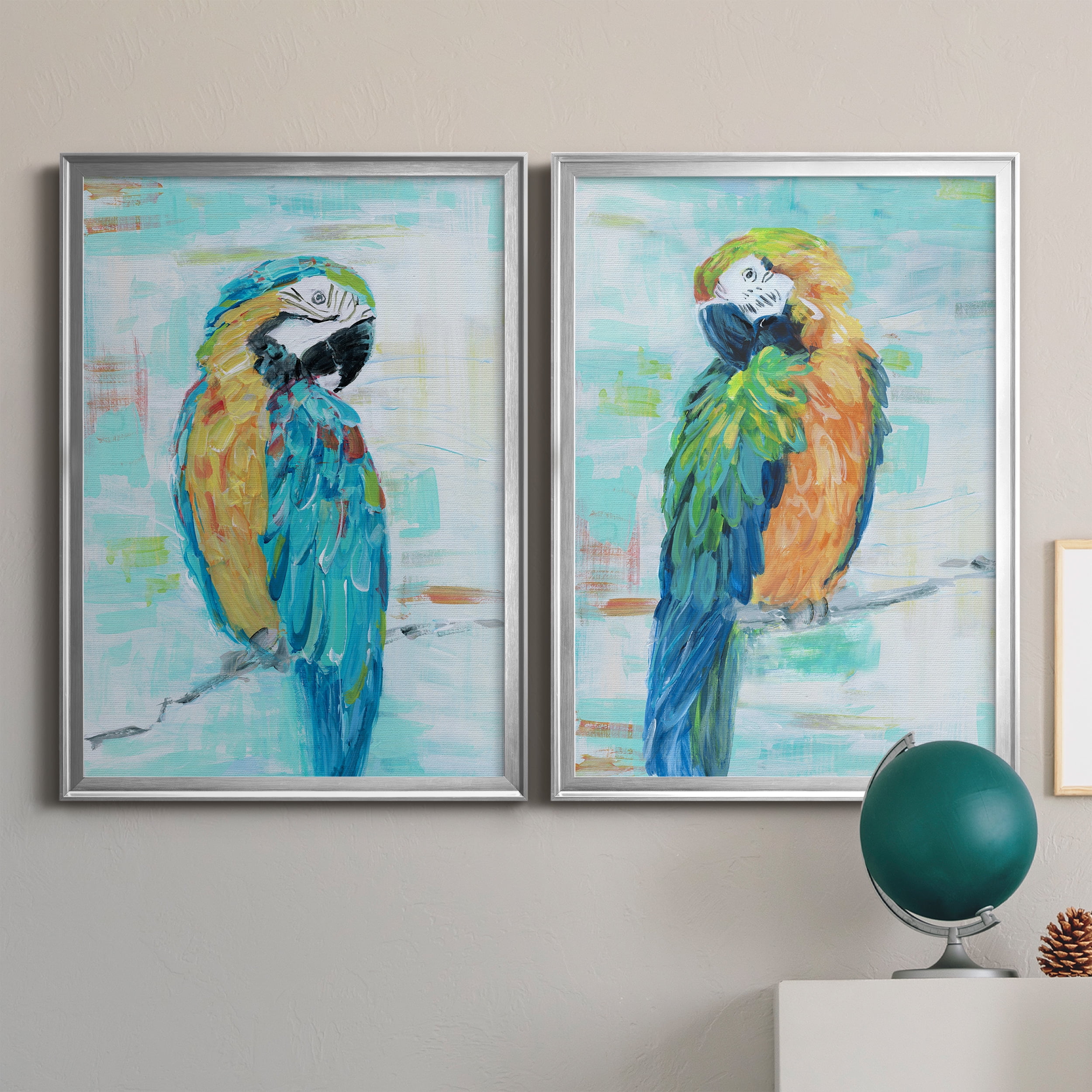 2 Piece Set Island Parrot I Premium Framed Canvas - Ready to Hang - 26.5 x 36.5 Each - Silver Frame