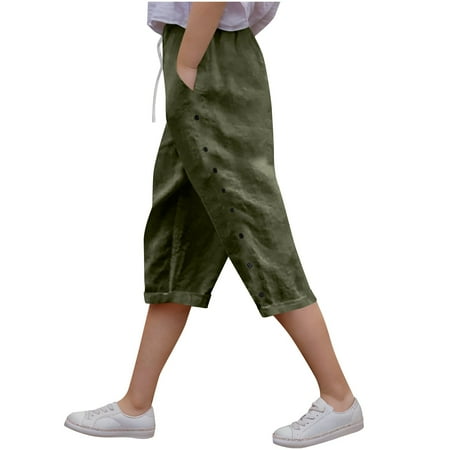 Kids Linen Capri Pants Girls Boys Wide Leg Loose 3/4 Pants with Pockets Casual Buttons Elastic Capris Slacks 8 Years Green
