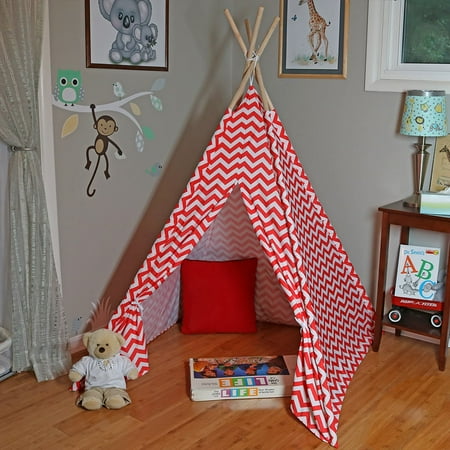 Red Play Tent - Sunnydaze Kids Teepee Tent with Carrying Case, Children Play Tent for Indoor or Outdoor Use, 5 Foot, Red Chevron