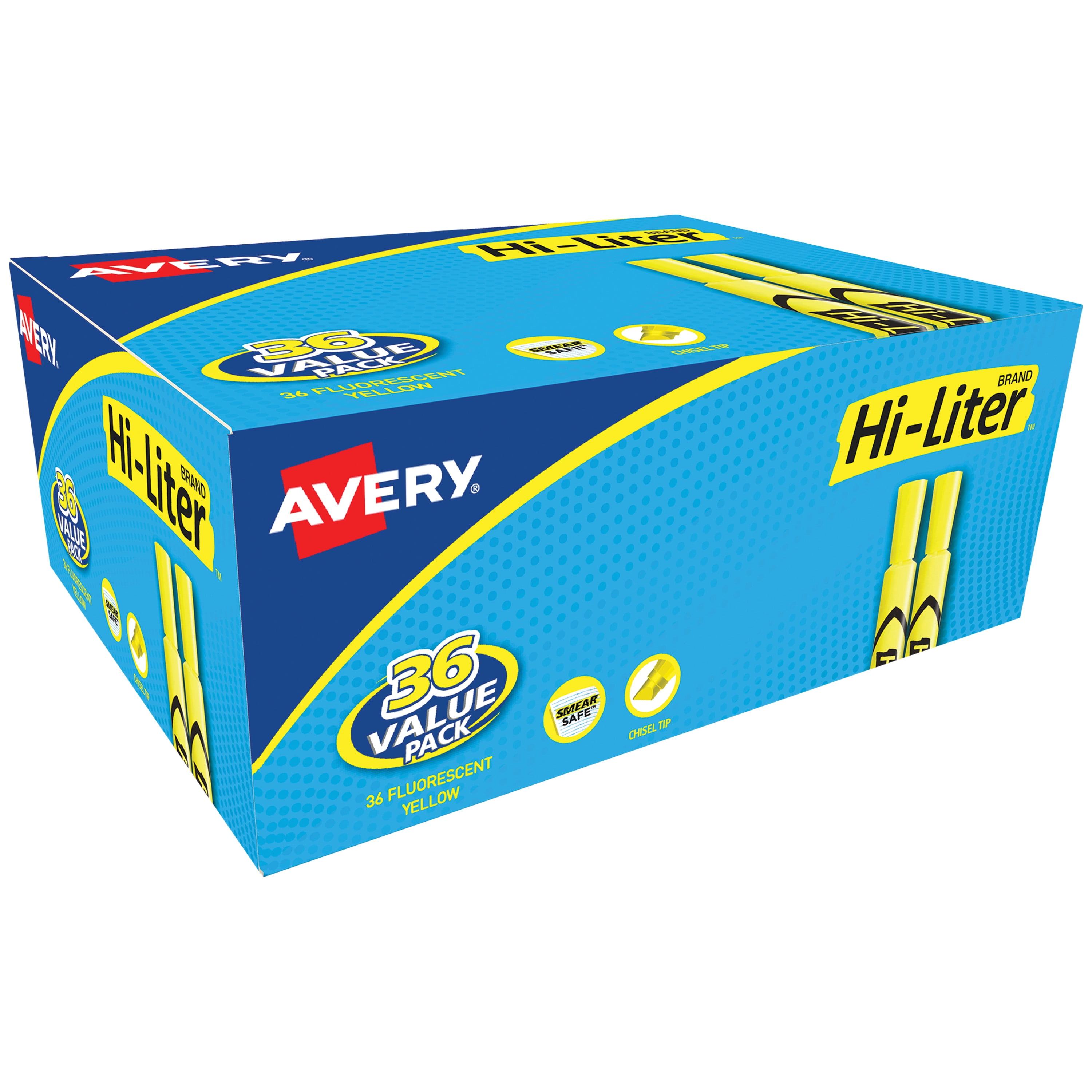 Avery Hi-Liter Desk-Style Highlighters, SmearSafe, Chisel Tip, 36 Fluorescent Yellow Highlighters (98208)