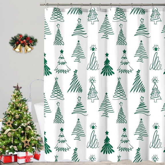 Christmas Shower Curtains for Bathroom, Green White Christmas Tree Shower Curtain, Merry Christmas Xmas Pine Winter Holiday Bath Curtain Home Décor, 72x72 Inch