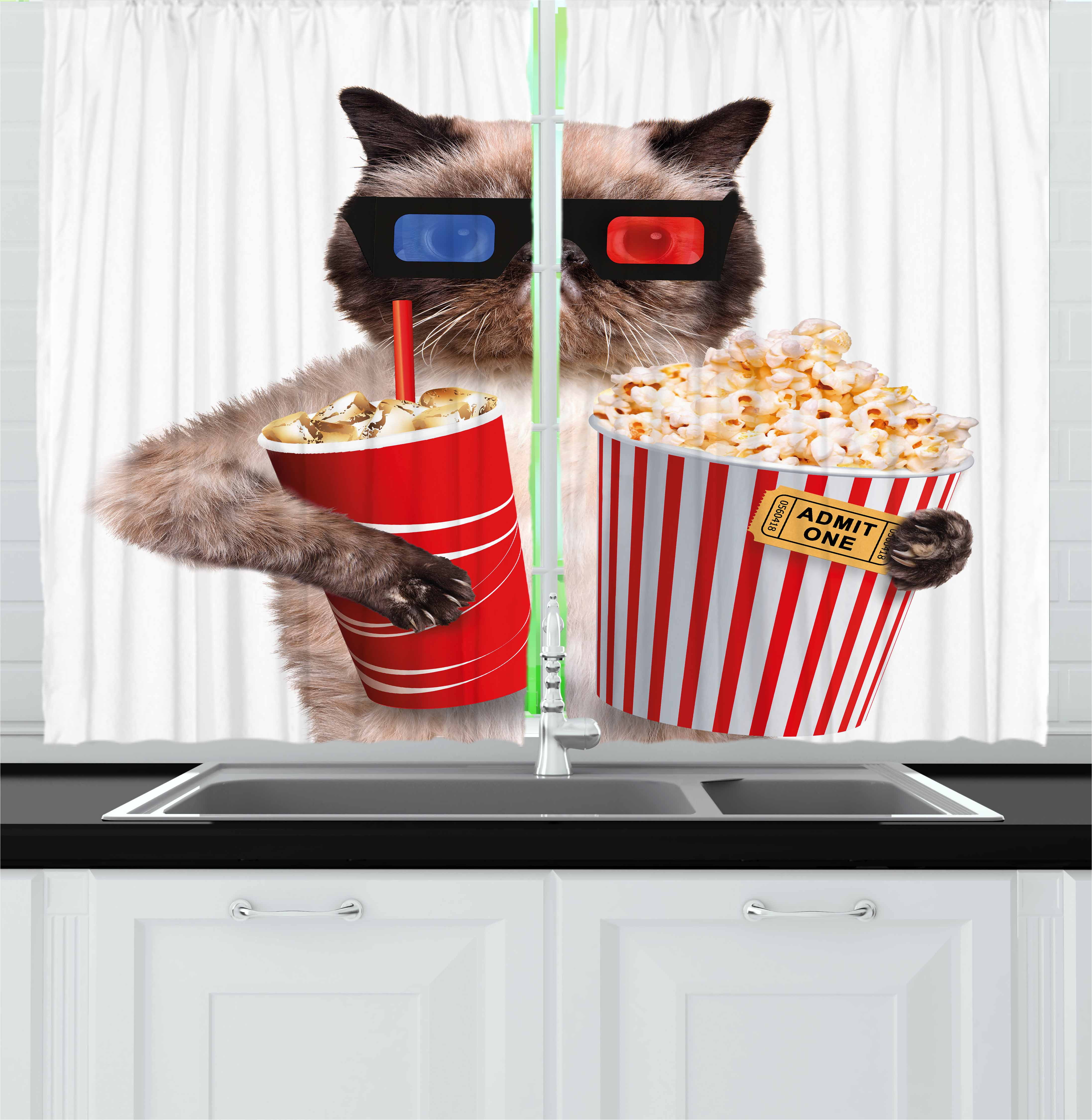 Movie Theater Curtains 2 Panels Set Cat With Popcorn And Drink