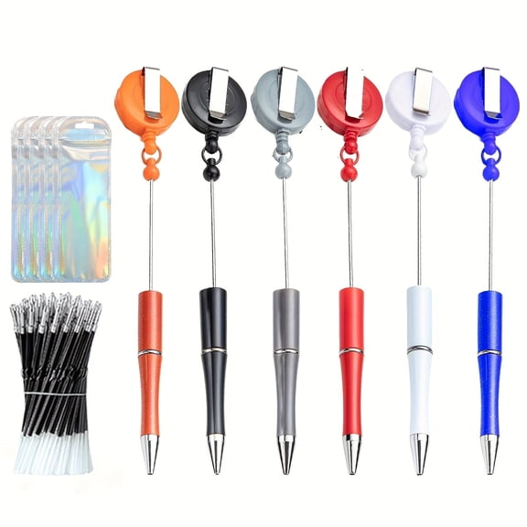 12 Pieces DIY Retractable Badge Reel Beadable Pens 12 Pen Refills 6 Ballpoint Pens 6 Pen Bags Plastic DIY Bling Pens Cool Shaft Beaded Pen Black Ink for Nurse Office Workers