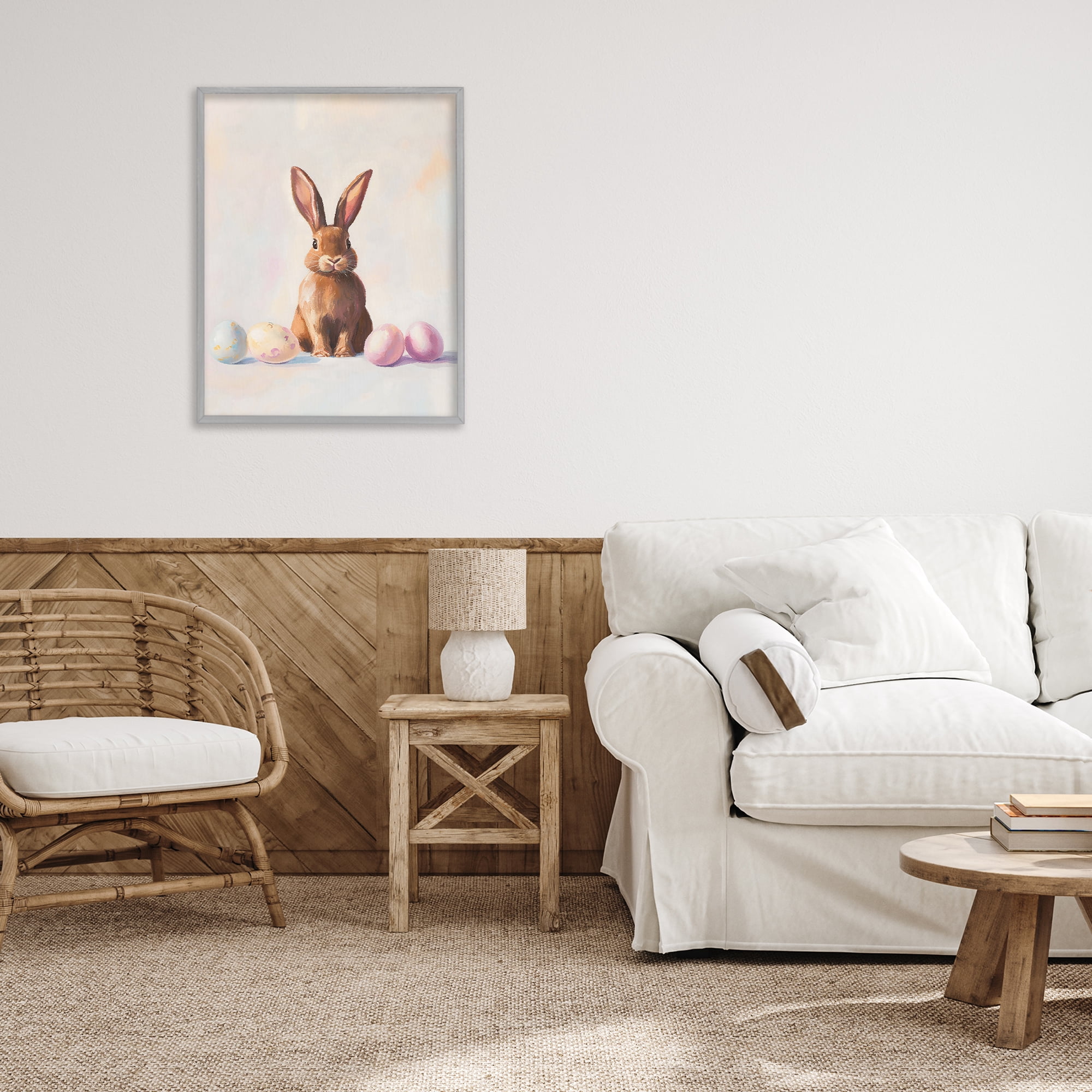 Stupell Industries Easter Bunny with Pastel Eggs Gray Framed Giclee Art, design by The Prints Vibe