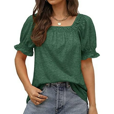Reiche Pure Color, Loose Fit, Soft & Fashionable Short Sleeve Blouse for Office or Outdoor Wear Women's Dark Green XL Puff Sleeve Tee