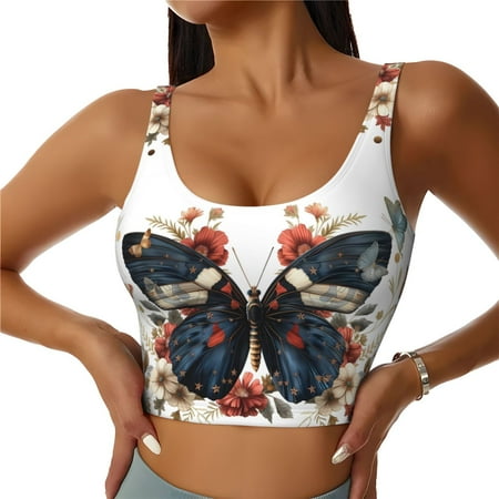 Sports Bras for Women - Patriotic Butterfly Floral Seamless Yoga Bra Workout Crop Top with Removable Pads