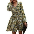 thumbnail image 1 of Vestido midi de manga larga con escote en V y estampado floral en color amarillo con lazo en la cintura para primavera/otoño, 1 of 8